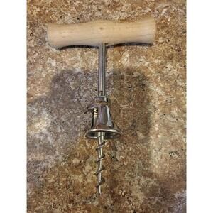 Vintage Corkscrew Wine Cork Removal Barware Carved Wood & Metal 5.5" Long 3.5"